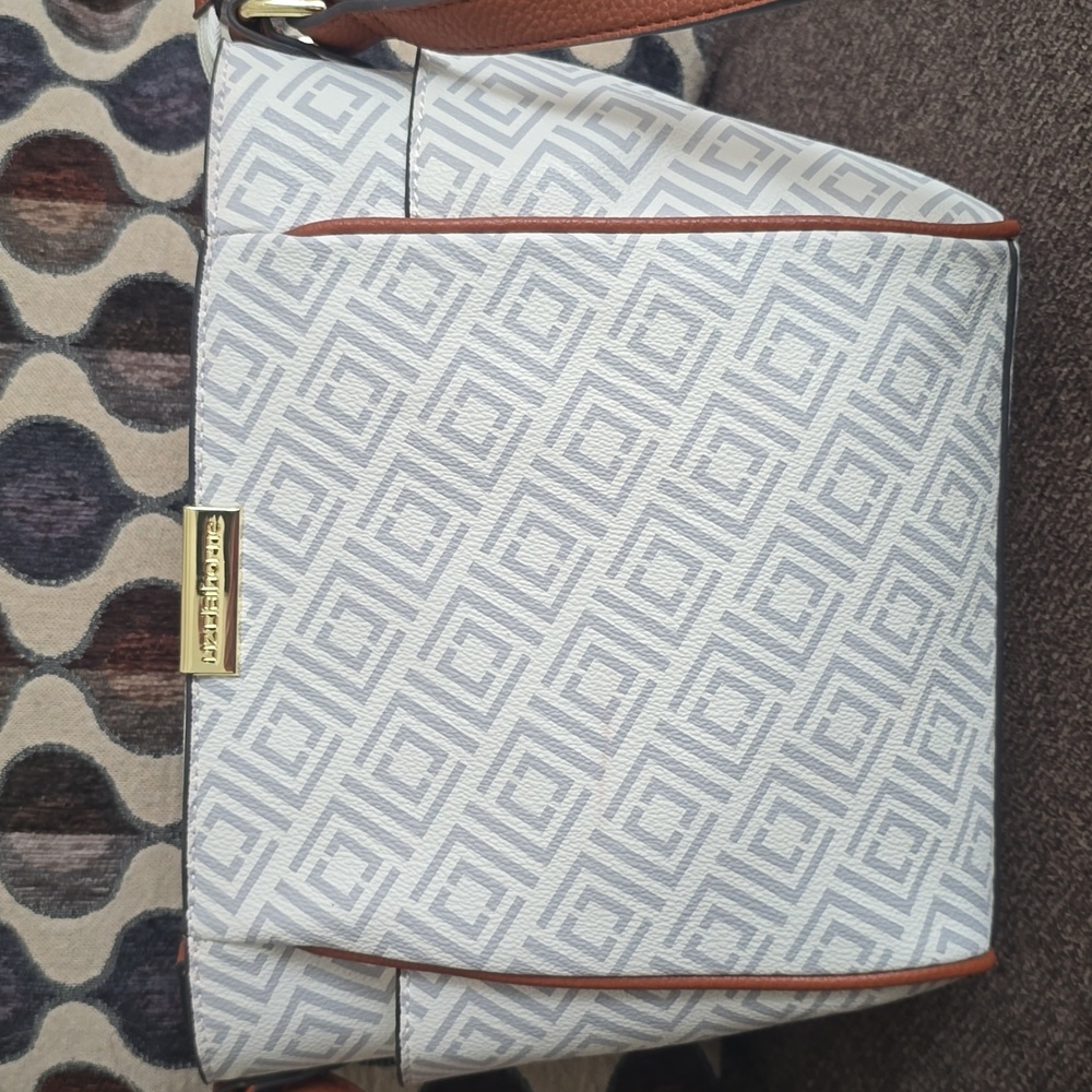 Light Gray Patterned Tote with Brown Trim - Unknown Brand
